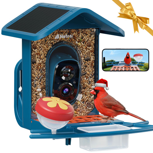 Nafnti smart bird feeder with 2K camera and solar roof, featuring a red cardinal in a Santa hat for holiday gift ideas.