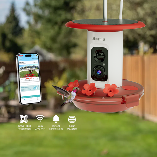 Nafnti smart hummingbird feeder with camera, solar panel, AI bird recognition, and live view mobile app features.