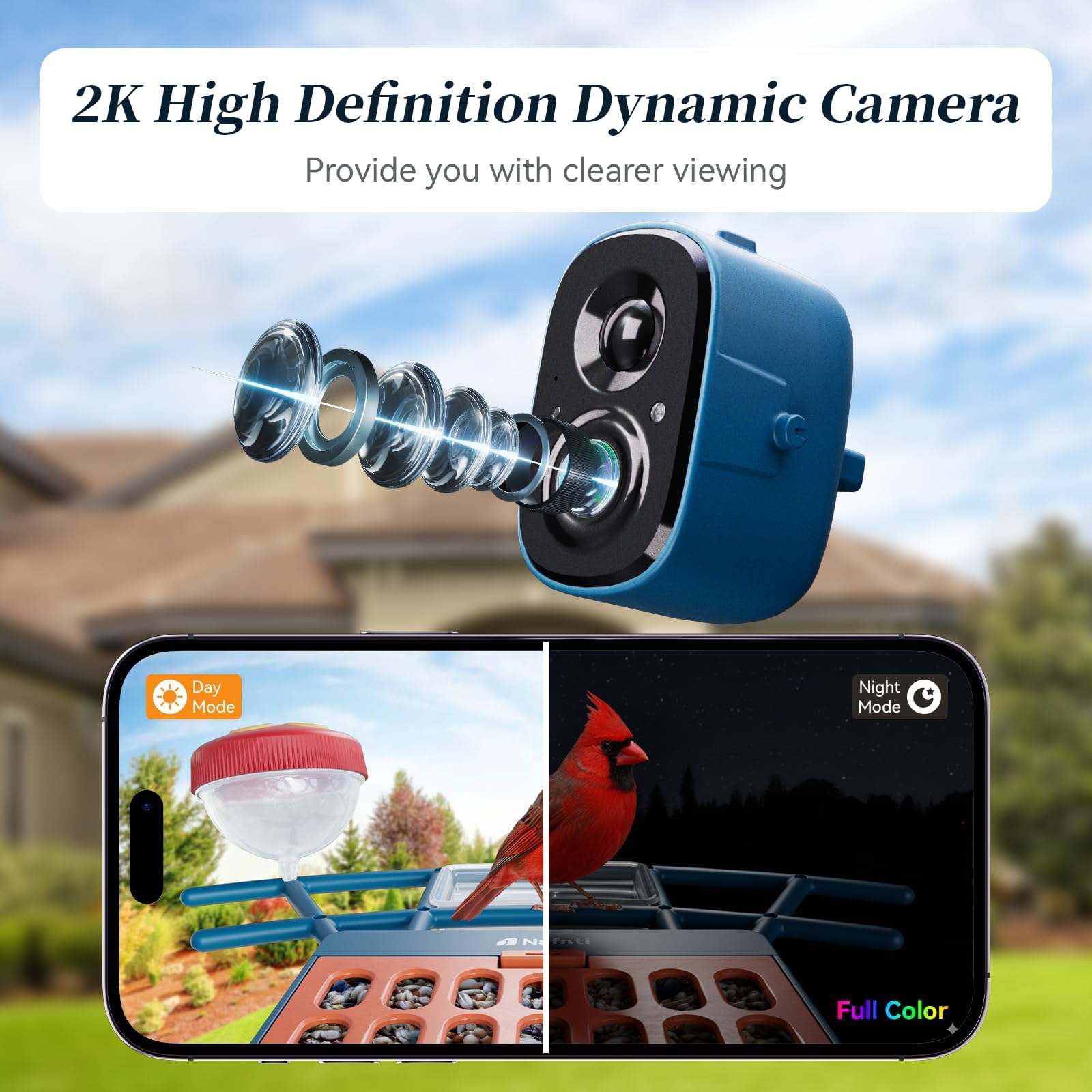 Exploded view of 2K high-definition bird camera lens showing day mode and full-color night vision comparison.