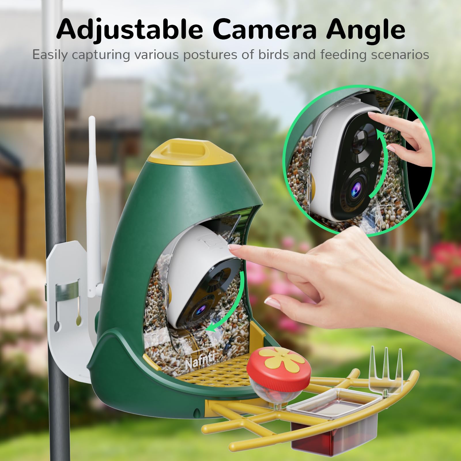 Close-up showing how to manually adjust the camera angle inside the Nafnti smart bird feeder to capture various bird postures and feeding scenarios.