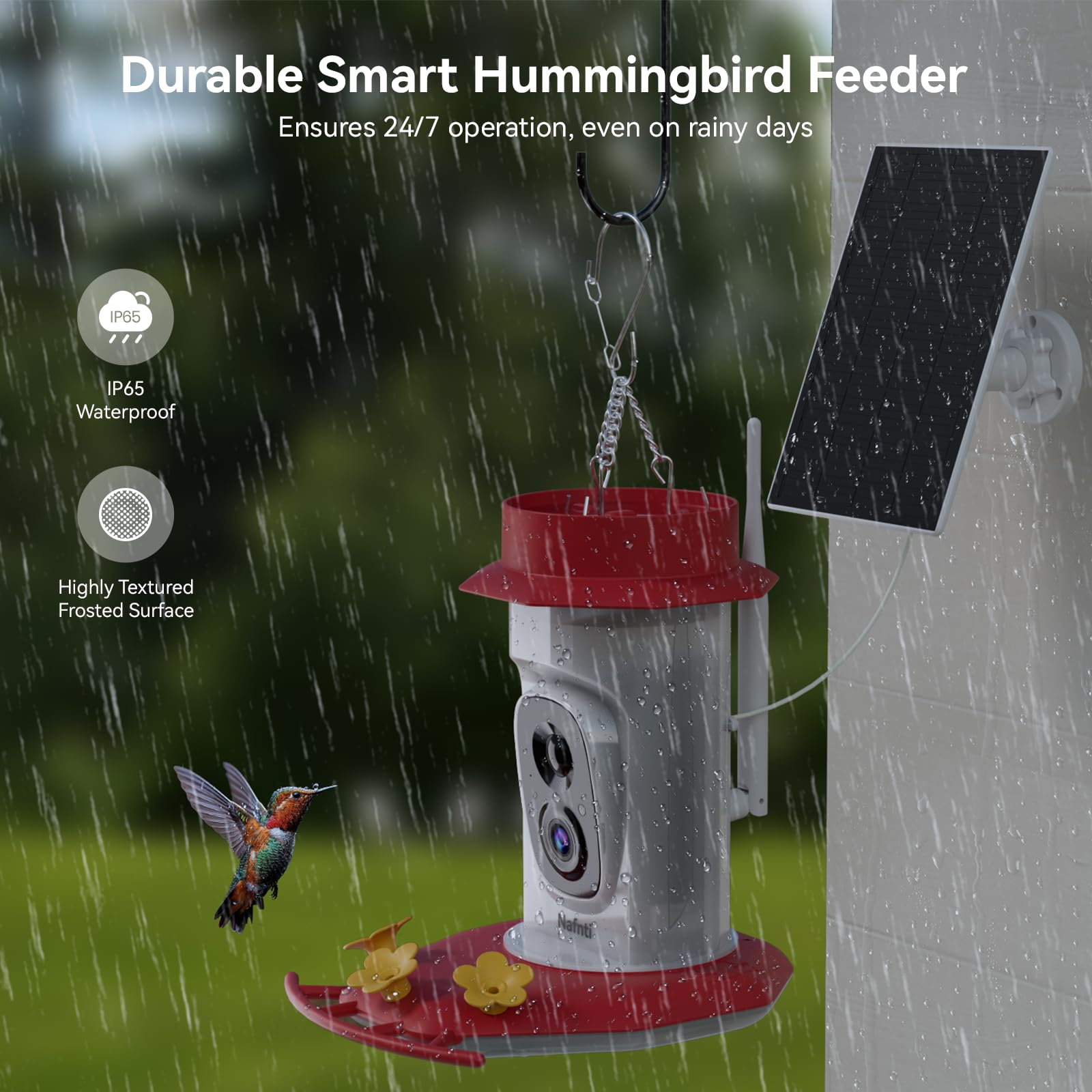 The Nafnti smart hummingbird feeder operating reliably in the rain, demonstrating its IP65 waterproof rating and durable frosted surface.