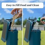 Demonstration of how to easily refill seeds and clean the waterproof smart bird feeder with a water hose.