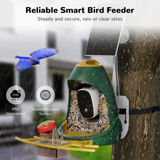 The Nafnti smart bird feeder in a rainy outdoor setting, demonstrating its IP65 waterproof rating, durable frosted surface, and steady mounting in extreme weather.