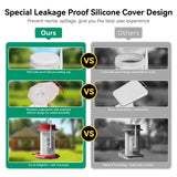 Comparison chart showing Nafnti’s precision-engineered leak-proof silicone cover versus leaky, messy traditional hummingbird feeders.