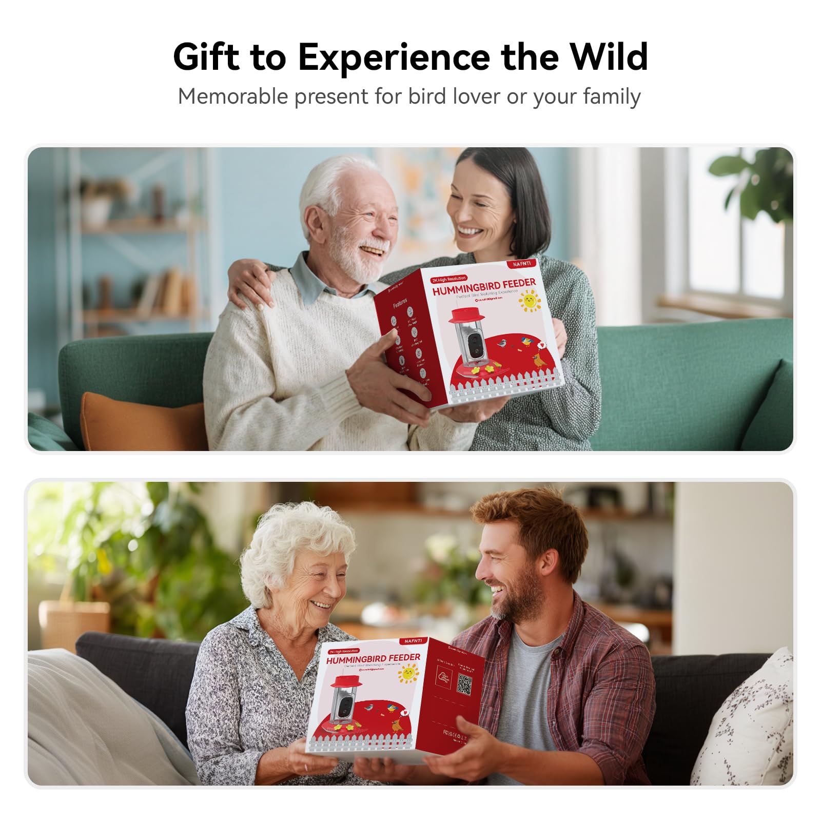 Gift scenarios showing families and seniors happily receiving the Nafnti hummingbird feeder as a memorable nature-watching present.
