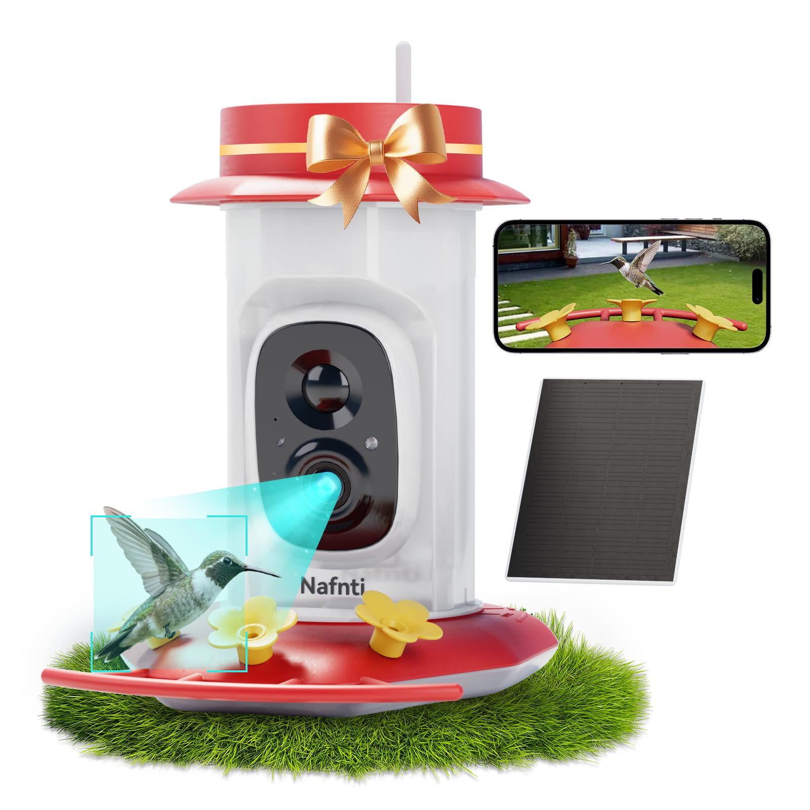A red and white Nafnti smart hummingbird feeder with a 2K camera, solar panel, and a festive red bow, featuring AI tracking of a hummingbird in flight.