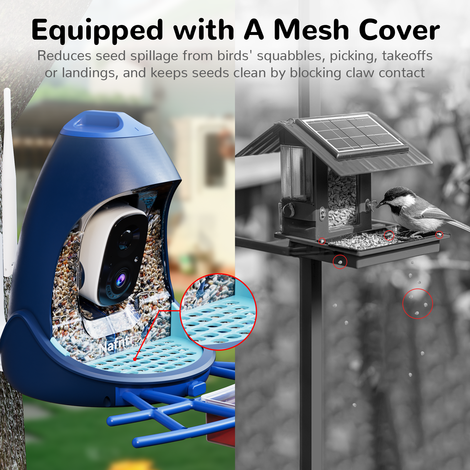 Comparison between a sleek black mesh-covered Nafnti feeder and a traditional open tray, showing how the dark netting holds colorful mixed bird seeds.