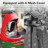 Comparison showing how the Nafnti bird feeder's mesh cover prevents seed spillage and waste compared to traditional open-tray feeders.