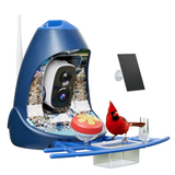 Nafnti smart bird feeder with camera capturing a Blue Jay in a backyard garden, featuring AI bird identification and solar power.