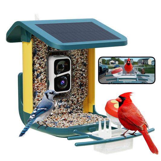 Nafnti smart bird feeder with 1080P camera and solar roof featuring a live smartphone view of a Blue Jay and Northern Cardinal.