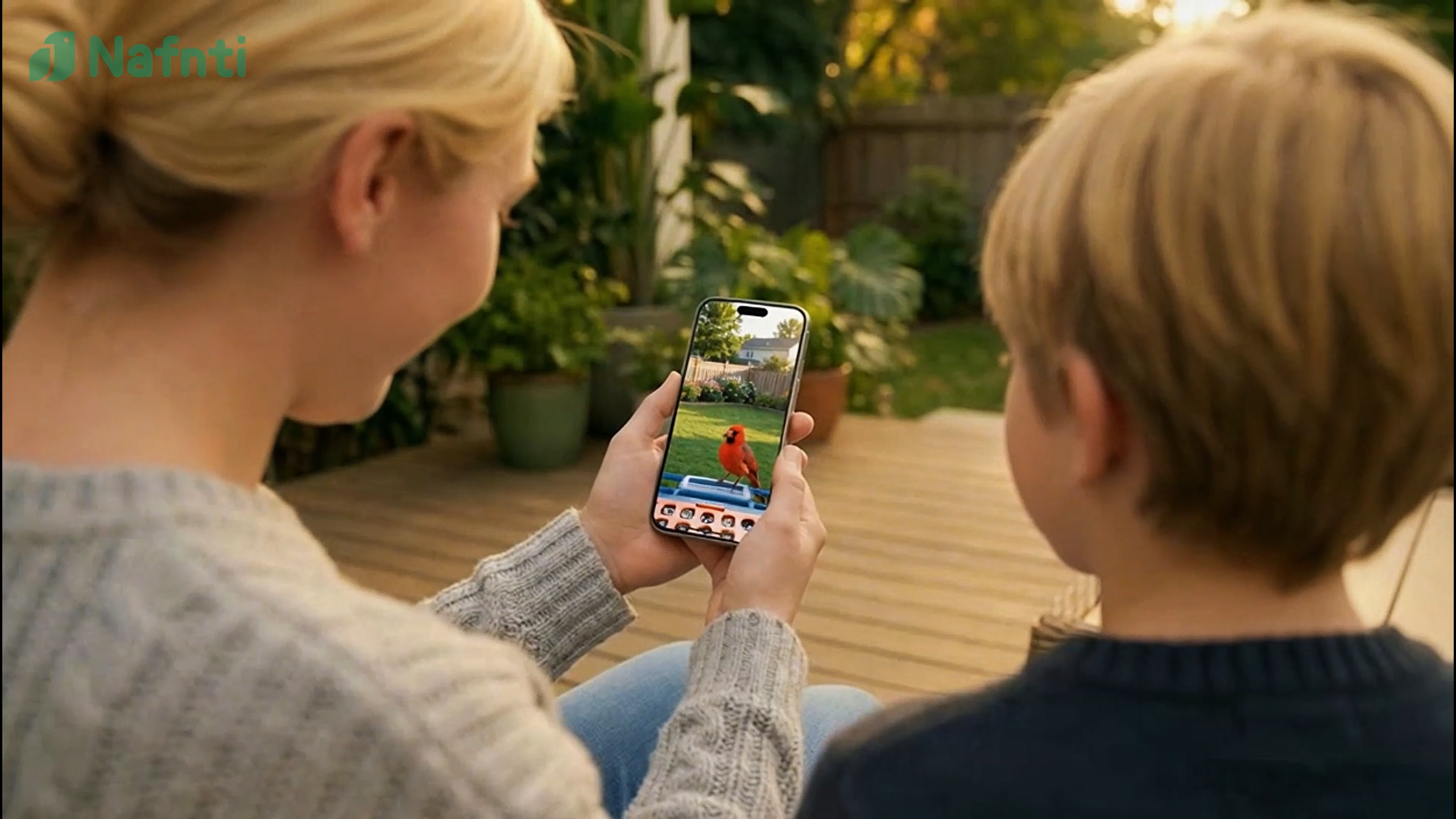 A woman and a young boy bonding outdoors on a wooden deck, watching a high-definition live stream of a bright red Northern Cardinal on a Nafnti smart bird feeder through a smartphone app.