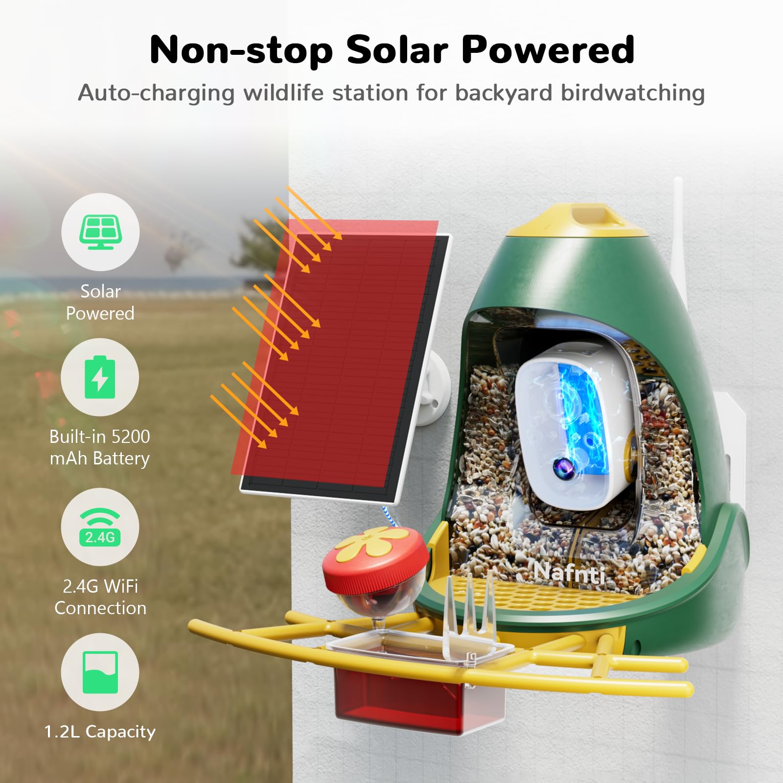 Technical breakdown of the Nafnti feeder highlighting non-stop solar power, a built-in 5200mAh battery, 2.4G WiFi connection, and a 1.2L seed capacity.