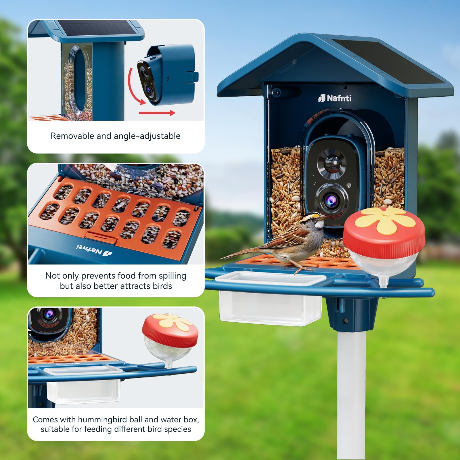 Nafnti bird feeder features: angle-adjustable removable camera, seed mesh tray, and hummingbird water box accessories.