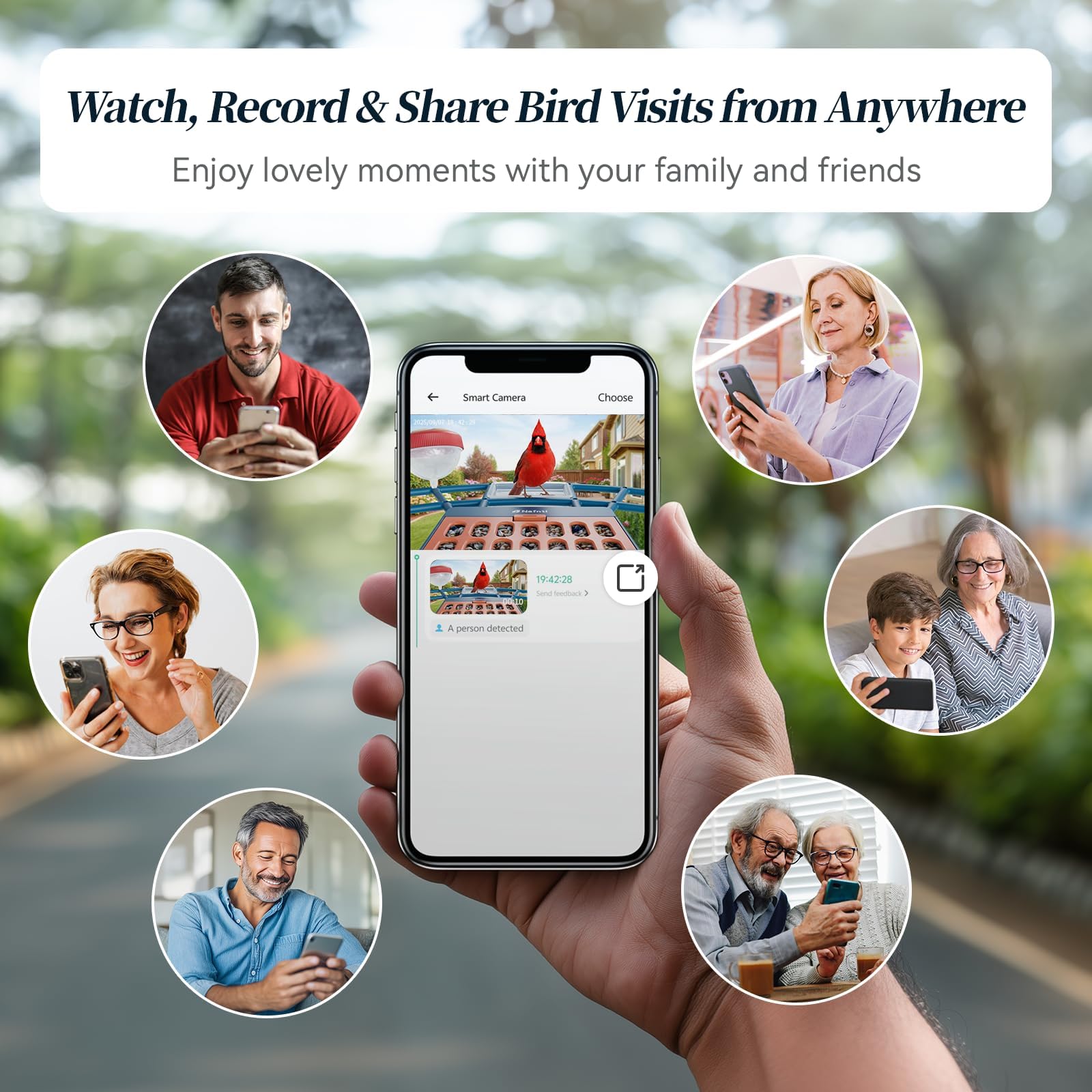 A diverse group of users watching, recording, and sharing live bird footage via the smart birding mobile application.