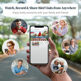 A diverse group of users watching, recording, and sharing live bird footage via the smart birding mobile application.